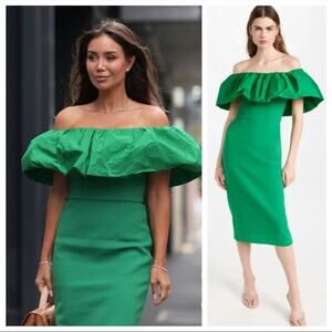 Rebecca Vallance Green Off The Shoulder Midi Dress Size 2 New Retails $590